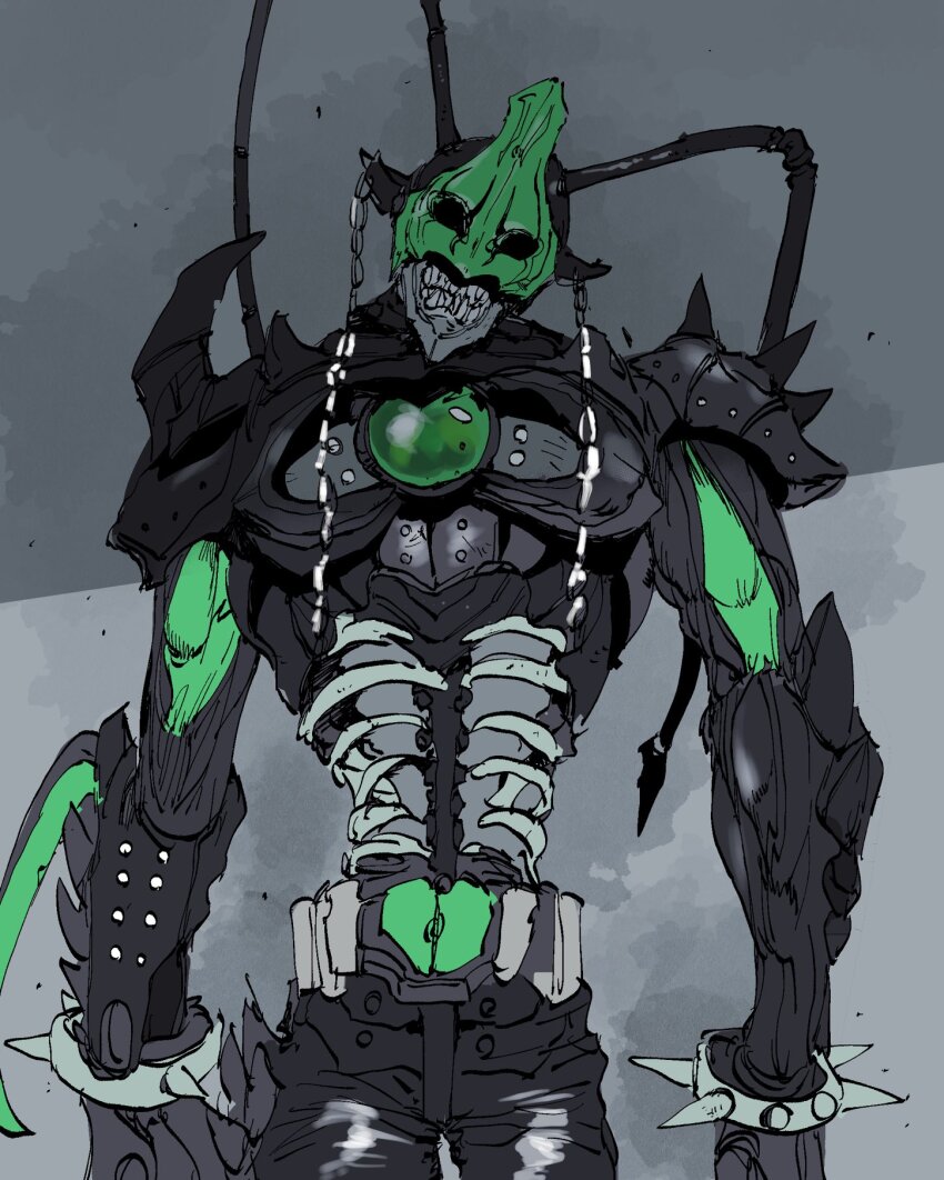 antennae armor asymmetrical_armor black_armor bracelet contrapposto evil_grin evil_smile grin highres ichitaka_(1015ichitaka) jewelry joker_(blade) kamen_rider kamen_rider_blade_(series) kamen_rider_chalice monster no_humans ribs shadow sharp_teeth smile spiked_bracelet spikes teeth undead zombie