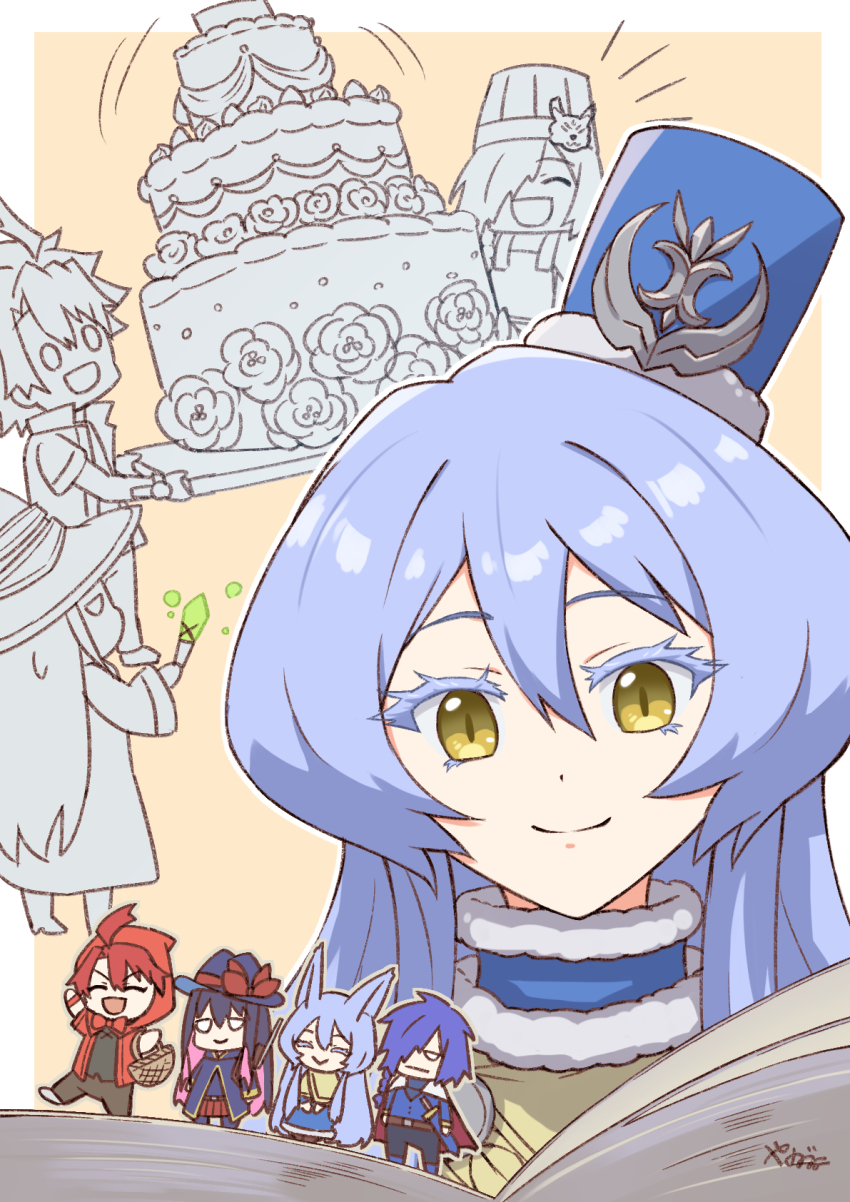 2boys 2girls asagaki_toogo blue_hair blue_hat book border cake chibi food hat highres idola_avorn long_hair multiple_boys multiple_girls rosie_mist sentai_red_ga_isekai_de_boukensha_ni_naru simple_background solo_focus teltina_liz_wagrel_alvarost upper_body white_border yanagimachi yellow_eyes