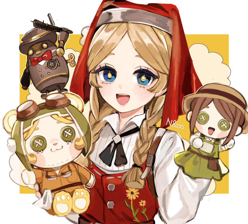 1girl :3 :d absurdres anne_lester apron artist_name blonde_hair blue_eyes bonbon_(identity_v) braid brown_hair button_eyes buttons character_doll czech_clothes doll emma_woods european_clothes floral_print green_eyes hair_over_shoulder hand_puppet highres hoge_(n8sss) holding holding_stuffed_toy holding_toy identity_v long_hair long_sleeves looking_at_viewer open_mouth puppet red_headwear red_vest slavic_clothes smile solo stuffed_animal stuffed_toy stuffing teddy_bear teeth toy tracy_reznik twin_braids upper_body upper_teeth_only veil vest yellow_pupils