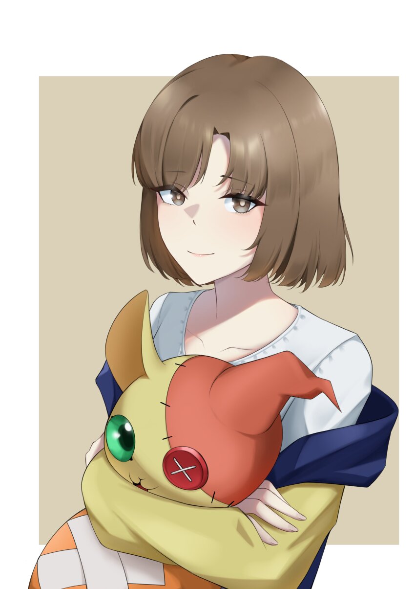 brown_eyes brown_hair digimon digimon_(creature) digimon_liberator green_eyes kinosaki_arisa shoemon smile