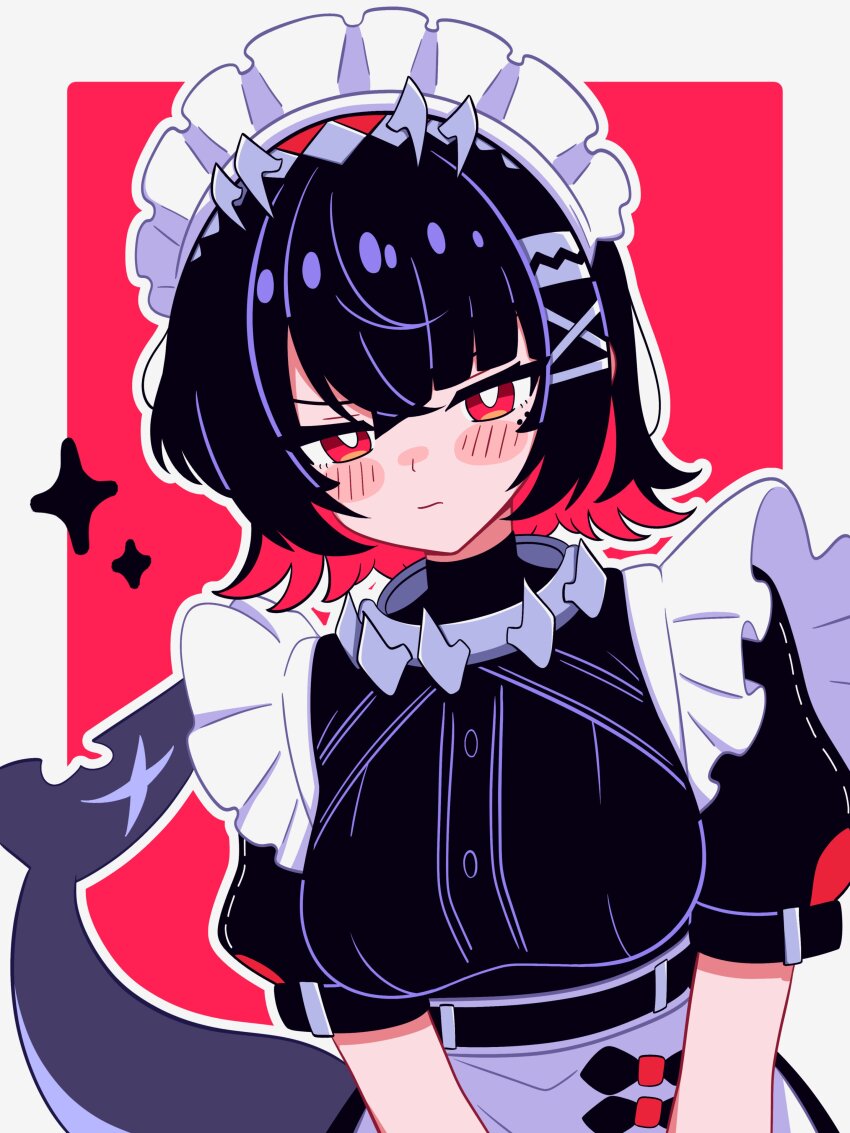1girl absurdres black_hair breasts colored_inner_hair fins fish_tail hair_between_eyes hairband highres large_breasts loblob_art looking_at_viewer magikflaan maid maid_headdress metal_hairband multicolored_hair red_eyes shark_girl shark_tail short_hair tail upper_body zenless_zone_zero
