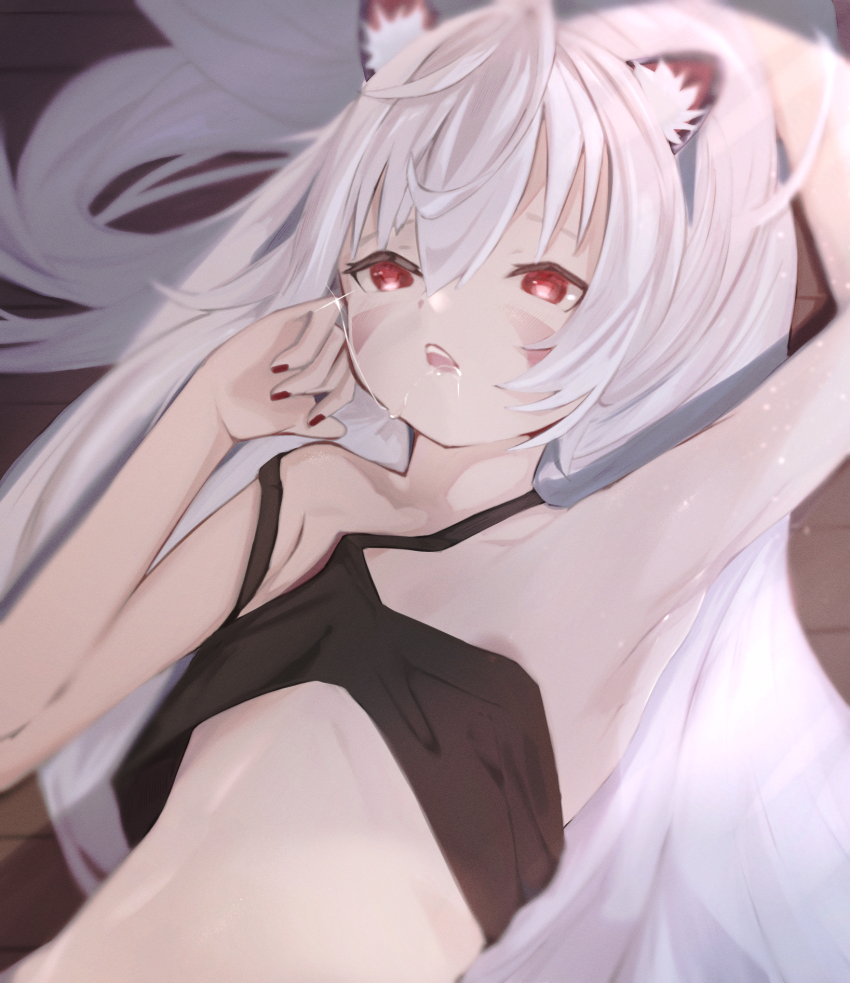 1girl animal_ear_fluff animal_ears armpits black_shirt breasts brown_dust_(series) brown_dust_2 crop_top eyebrows_hidden_by_hair facial_mark hai_baooooooo hair_between_eyes highres implied_after_masturbation long_hair looking_at_hand lying nail_polish on_back on_floor red_eyes shirt small_breasts solo suggestive_fluid sweat tiger_ears tiger_girl upper_body very_long_hair white_hair yuri_(brown_dust)