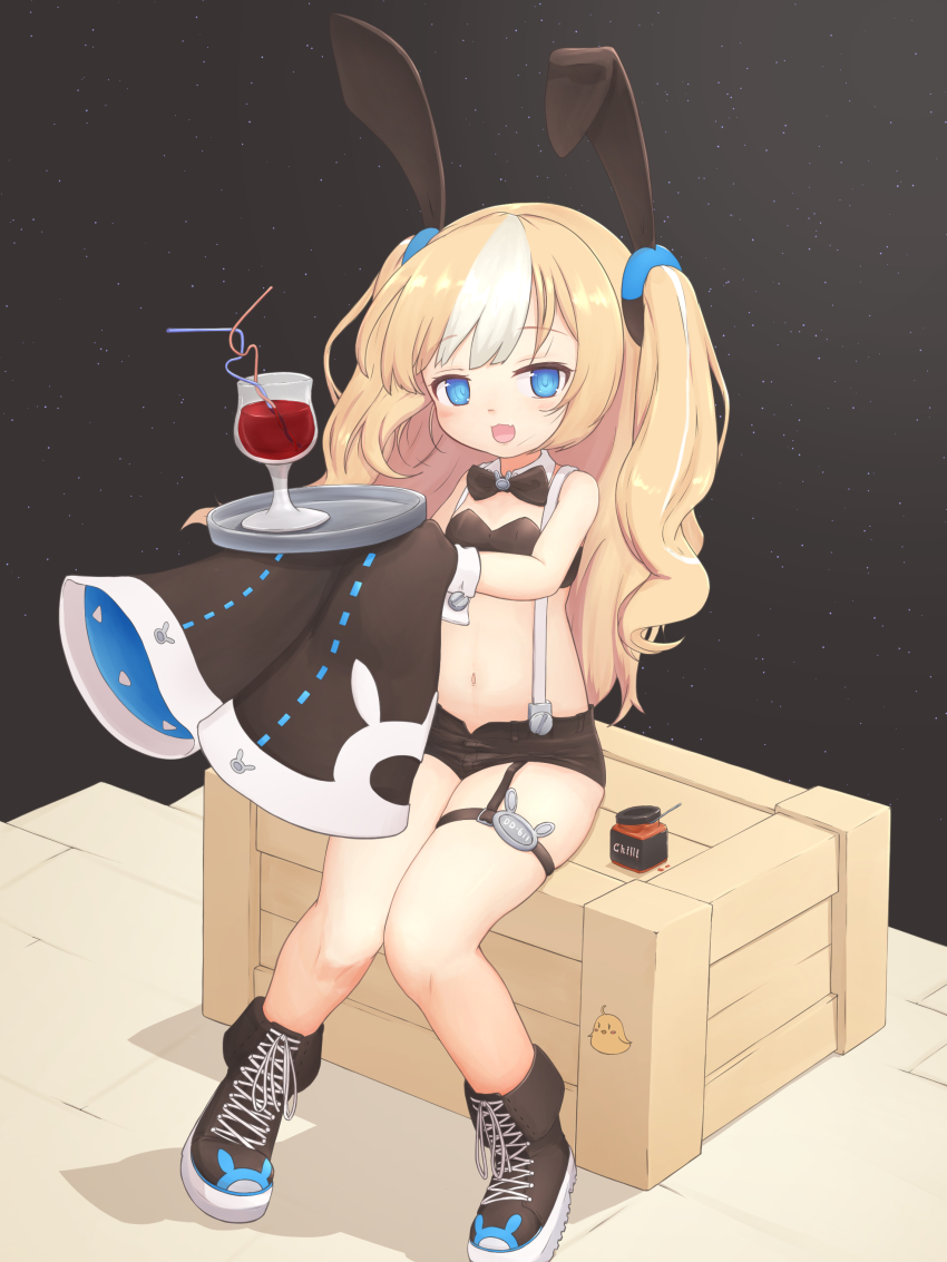 1girl absurdres alternate_costume animal_ears azur_lane black_background blonde_hair blue_eyes blush chili_powder commentary_request crate crazy_straw drinking_straw full_body hair_ornament highres kalk_(azur_lane) leotard navel open_mouth playboy_bunny rabbit_ears shoes shorts sitting solo suspenders