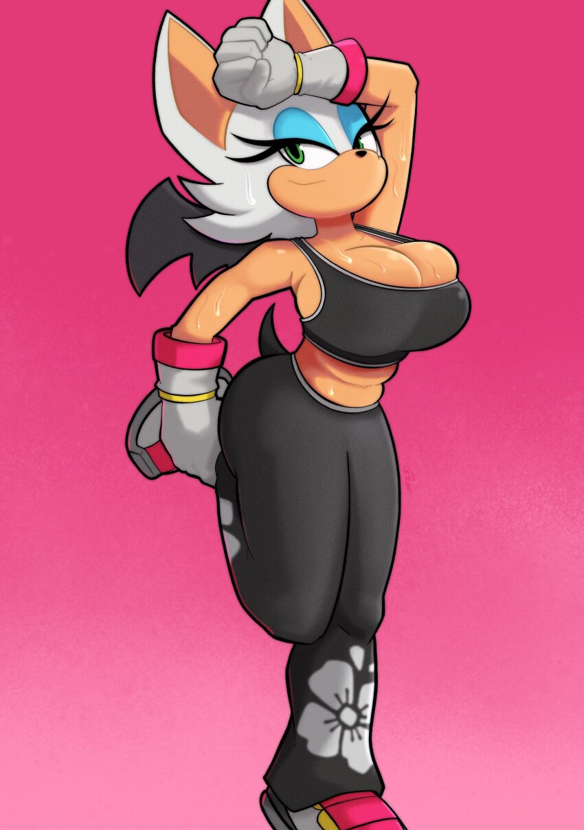 1girl absurdres arm_up bat_wings breasts cleavage female_focus full_body furry furry_female gloves green_eyes highres huge_breasts looking_at_viewer plump roboticsteve rouge_the_bat short_hair simple_background skindentation solo sonic_(series) sonic_riders_(series) sweat tail white_hair wings