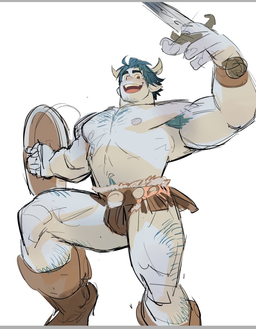 1boy alternate_muscle_size arm_hair armpit_hair armpit_hair_peek bara barley_lightfoot blue_hair blue_skin blush bulge chest_hair colored_skin dual_wielding excessive_armpit_hair facial_hair feet_out_of_frame goatee_stubble hairy highres holding holding_shield horikwawataru large_hands large_pectorals leg_hair looking_at_viewer male_focus muscular muscular_male navel navel_hair nipples onward pectorals pointy_ears sanpaku shield short_hair sketch solo standing strongman_waist stubble thick_eyebrows thick_neck thick_thighs thighs topless_male