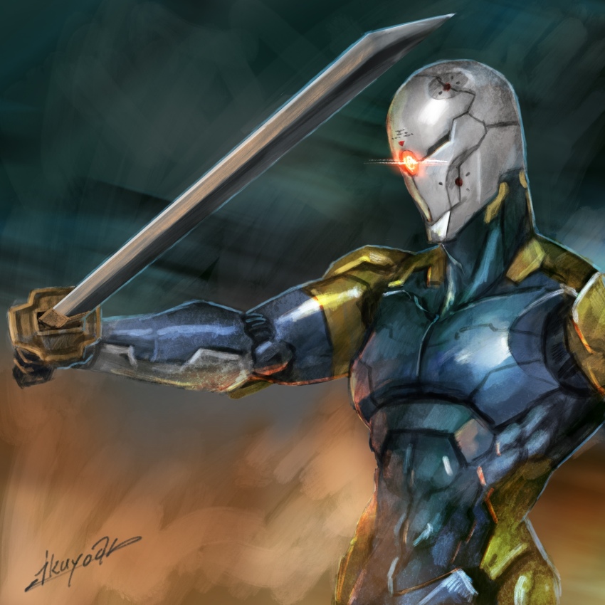1boy armor commentary_request cyborg cyborg_ninja gray_fox helmet highres holding holding_sword holding_weapon ikuyoan katana metal_gear_(series) metal_gear_solid one-eyed power_armor signature solo sword upper_body weapon