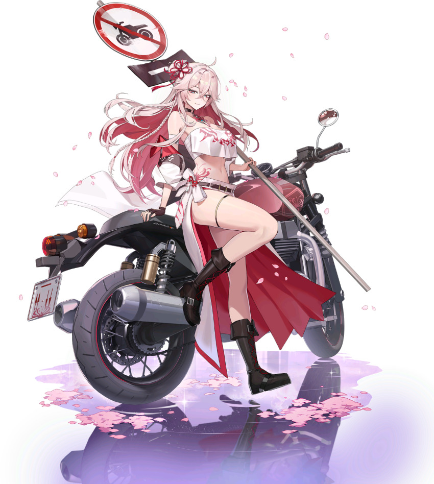 1girl armband arunka_(epic_seven) bad_link bare_shoulders black_armband boots boss_arunka_(epic_seven) braid brown_boots chest_sarashi choker coat colored_inner_hair crop_top crop_top_overhang crossed_bangs delinquent epic_seven fingerless_gloves flower flower_choker flower_tattoo fold-over_boots gloves hair_flower hair_ornament half-skirt highres holding_road_sign jewelry lace-up_boots long_hair long_skirt motor_vehicle motorcycle multicolored_hair o-ring o-ring_choker off_shoulder official_alternate_costume official_art open_clothes open_coat petals pink_flower pink_hair red_eyes red_hair reflection road_sign sarashi shirt sign skirt tattoo thighlet thighs transparent_background tsurime two-sided_fabric two-sided_skirt white_coat white_shirt white_skirt