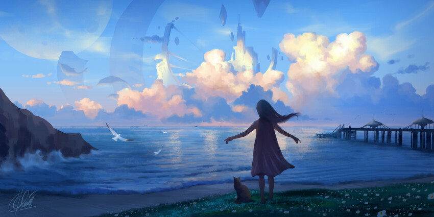 1girl animal bird blue_sky cat chinnkun cloud cloudy_sky dawn dock dress fantasy floating_castle floating_rock flower from_behind grass landscape long_hair ocean original outstretched_arms painterly planet shore signature sky waves white_flower wind