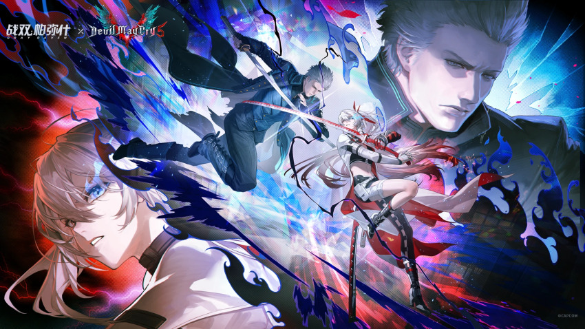 1boy 1girl alpha_(pgr) asymmetrical_legwear black_coat blue_eyes blue_fire broken_glass coat crossed_swords crossover devil_may_cry_(series) devil_may_cry_5 fighting_stance fire full_body glass hair_between_eyes heterochromia highres holding holding_sword holding_weapon lightning long_hair alpha:_crimson_weave_(pgr) official_art punishing:_gray_raven red_eyes sword vergil_(devil_may_cry) very_long_hair weapon white_coat white_hair yamato_(sword)