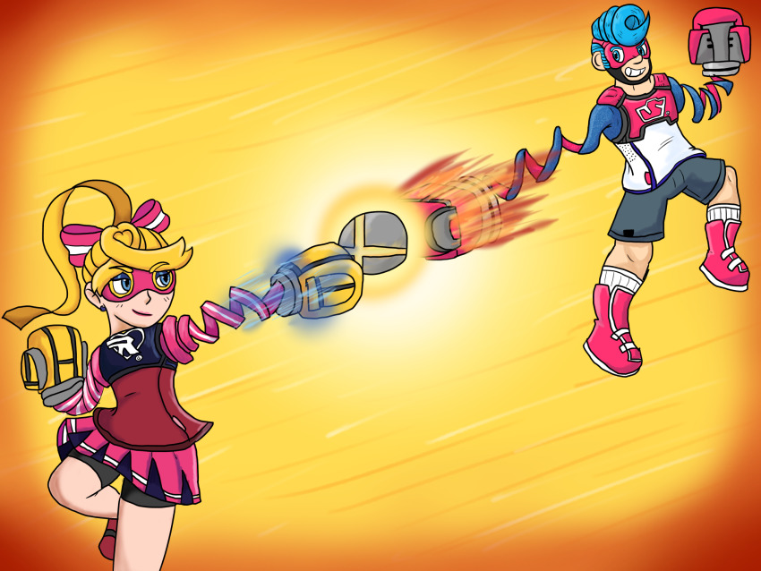 1boy 1girl arms_(game) blonde_hair blue_eyes blue_hair boots boxing_gloves domino_mask earrings grin highres jewelry mask nintendo ribbon ribbon_girl_(arms) shorts skirt smile spring_man_(arms) super_smash_bros.