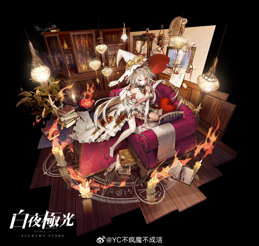 1girl absurdres alchemy_stars arm_support bookshelf bridal_gauntlets candle copyright_name couch dress faux_figurine fire hat highres lamp lingxia long_hair magic_circle midriff navel on_couch open_mouth plant potted_plant red_eyes scroll single_thighhigh solo thighhighs uriel_(alchemy_stars) watermark weibo_username weibo_watermark white_dress white_hair white_hat wide_brim witch_hat wooden_floor