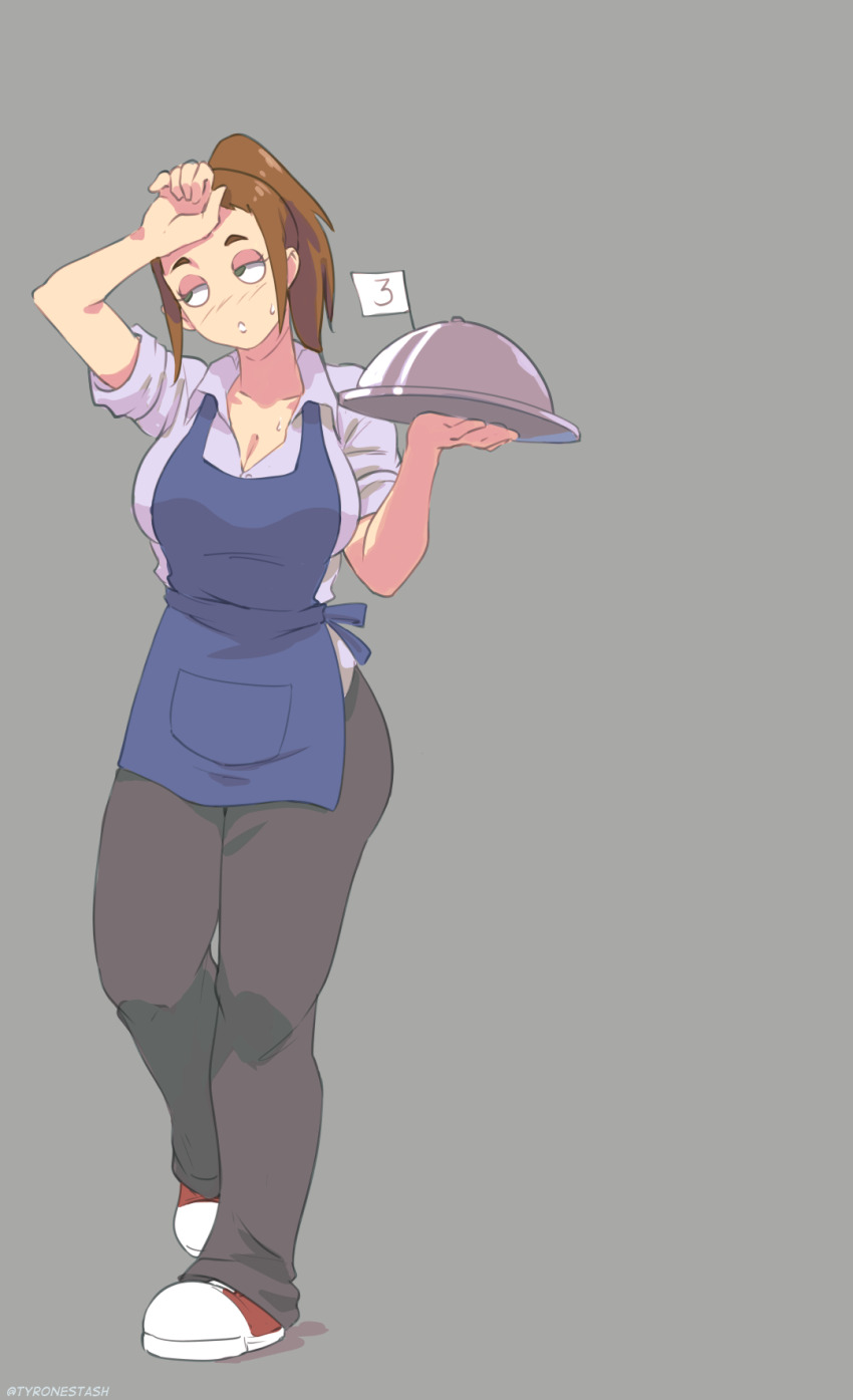 1girl apron black_pants blue_apron breasts brown_hair cleavage collarbone collared_shirt commentary diner_dash english_commentary flo_(diner_dash) green_eyes grey_background hand_on_own_forehead highres holding holding_tray large_breasts light_blush pants parted_lips ponytail purple_shirt shirt shoes short_sleeves sneakers solo sweat tray tyrone waitress