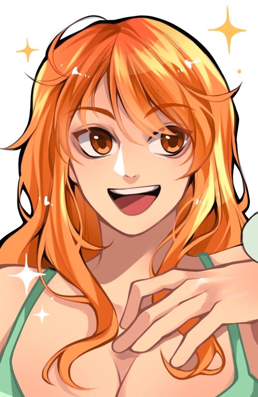 1girl alynomali bare_shoulders commentary english_commentary eyes_visible_through_hair highres long_hair nami_(one_piece) one_piece open_mouth orange_eyes orange_hair smile solo sparkle teeth