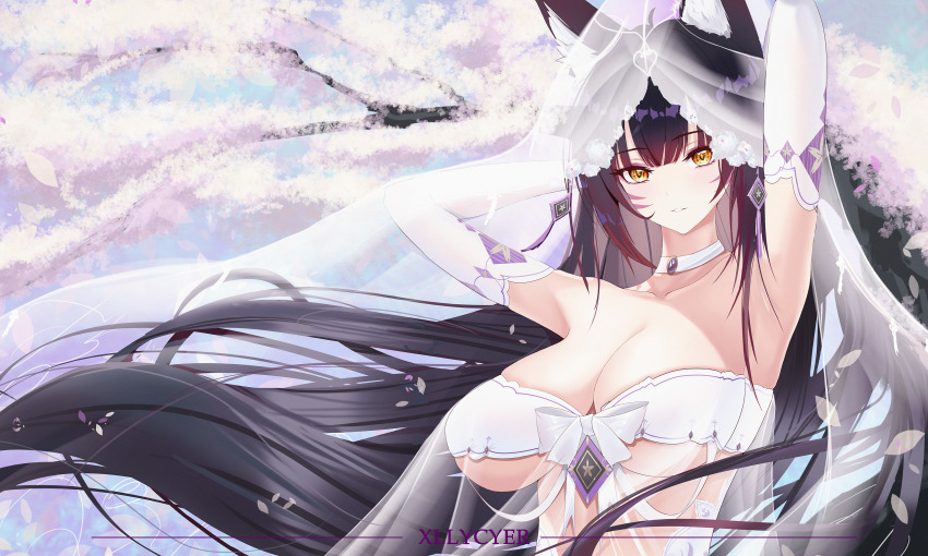 1girl absurdres animal_ear_fluff animal_ears artist_name azur_lane bare_shoulders black_hair breasts bridal_gauntlets bridal_veil chinese_commentary cleavage commentary_request day dress facial_mark fox_ears fox_girl fox_tail hands_in_own_hair highres kitsune large_breasts long_hair looking_at_viewer musashi_(azur_lane) musashi_(purest_wisteria)_(azur_lane) official_alternate_costume outdoors revealing_clothes sideless_dress solo tail upper_body veil very_long_hair wedding_dress whisker_markings white_bridal_gauntlets white_dress xllycyer yellow_eyes