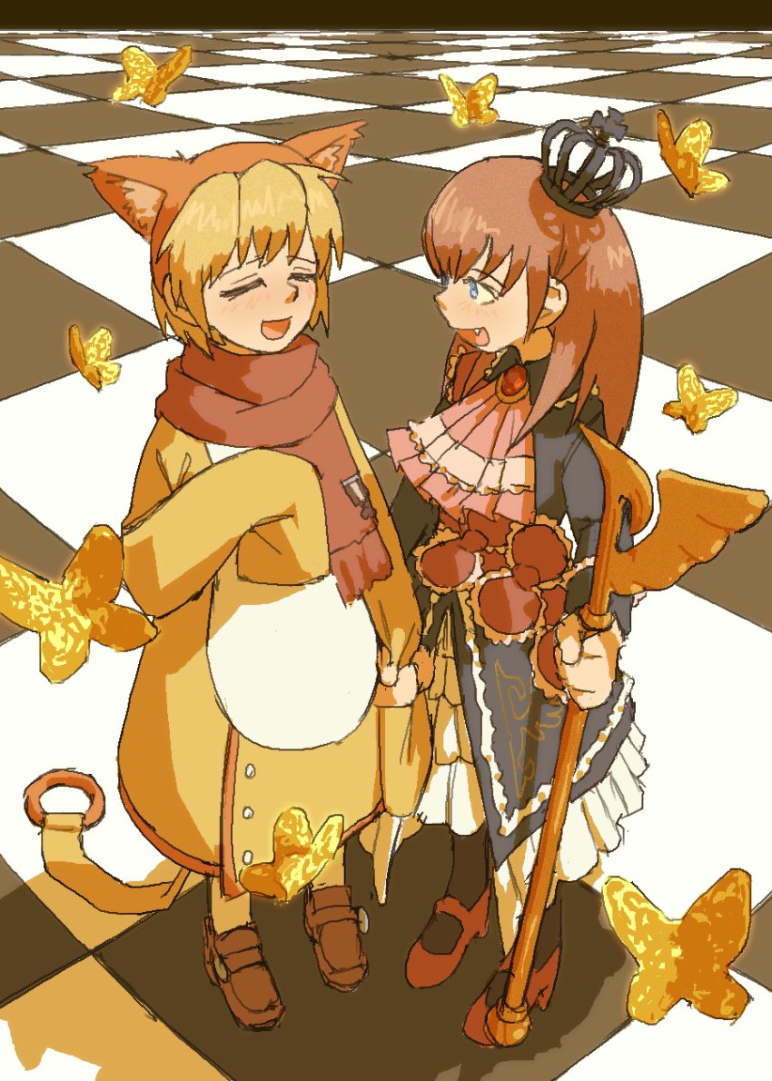 absurdres animal_ears blonde_hair blue_eyes brown_hair bug butterfly cat_ears checkered_floor crown highres insect pantsu-ripper sakutarou_(umineko) scarf spoilers staff umineko_no_naku_koro_ni ushiromiya_maria witch