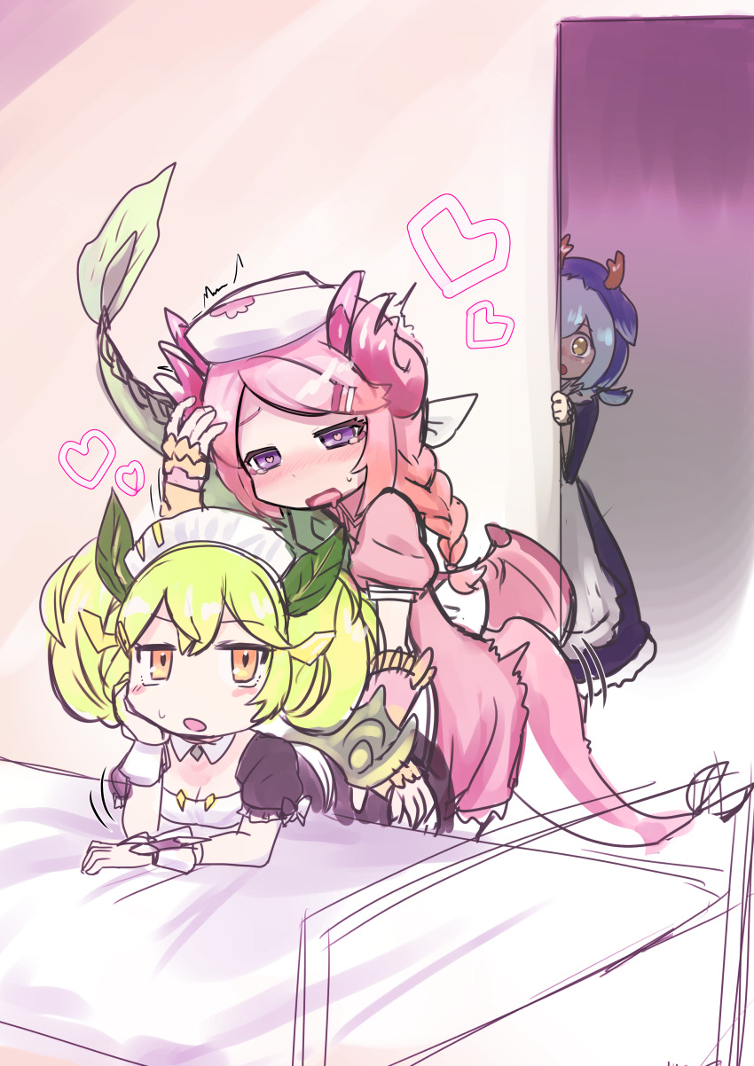 3girls absurdres apron bed blue_hair blush braid breasts cleavage detached_collar dragon_girl dragon_horns dragon_tail dress dry_humping duel_monster eastern_dragon_horns frilled_apron frills green_hair hair_between_eyes hair_ornament hand_on_own_cheek hand_on_own_face hat heart heart-shaped_pupils hiding highres horns humping laundry_dragonmaid long_sleeves looking_at_another maid maid_apron maid_headdress medium_breasts mixed_maids multiple_girls nurse nurse_cap nurse_dragonmaid open_mouth orange_eyes parlor_dragonmaid pink_dress puffy_short_sleeves puffy_sleeves purple_eyes scared short_sleeves short_twintails side_braid symbol-shaped_pupils tail tora_(oyabaka_tora) twintails wa_maid white_apron wrist_cuffs yu-gi-oh! yuri