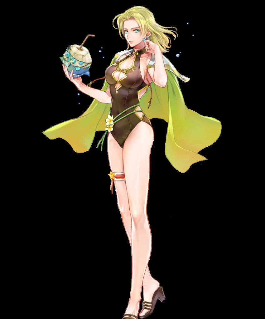 1girl bare_arms blonde_hair blue_eyes breasts cape cleavage coconut collarbone drinking_straw earrings feet female_focus fire_emblem fire_emblem:_the_sacred_stones fire_emblem_heroes flower fruit_cup full_body green_cape high_heel_sandals highleg highleg_one-piece_swimsuit highres holding jewelry long_hair looking_at_viewer medium_breasts nintendo official_alternate_costume official_art one-piece_swimsuit parted_bangs parted_lips sandals selena_(fire_emblem:_the_sacred_stones) selena_(summer)_(fire_emblem:_the_sacred_stones) shiny_skin solo standing swimsuit thigh_strap thighs toes transparent_background wada_sachiko