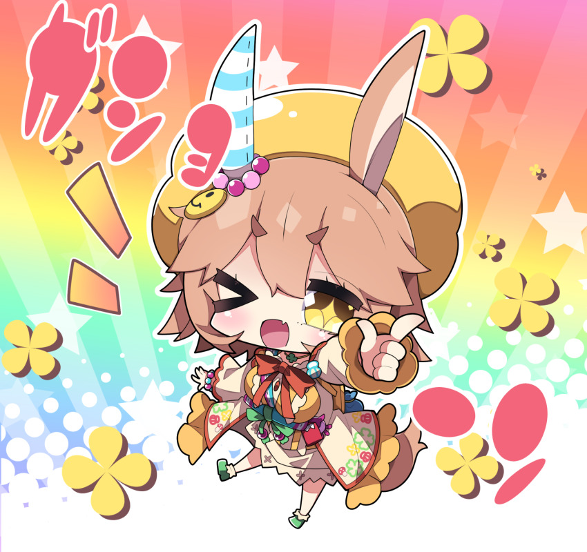 &gt;_o 1girl ;d animal_ears beret brown_eyes brown_hair chibi commentary_request dress fang full_body hair_between_eyes halftone halftone_background hat highres horse_ears horse_girl horse_tail jacket matikanefukukitaru_(good_omen_first_storm)_(umamusume) matikanefukukitaru_(umamusume) milkpanda one_eye_closed open_clothes open_jacket open_mouth outstretched_arm pointing pointing_at_viewer short_eyebrows smile solo tail thick_eyebrows umamusume white_dress white_jacket yellow_hat