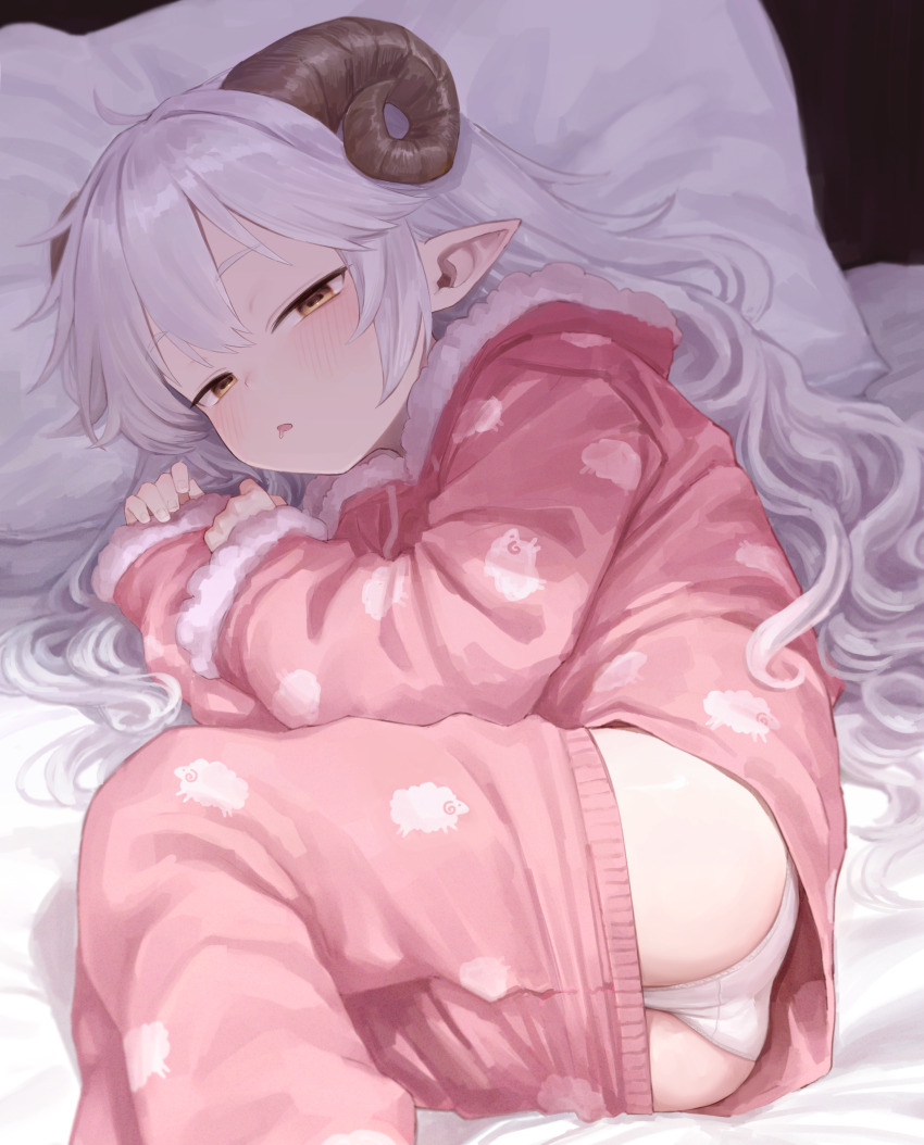1girl absurdres ass blush brown_eyes clothes_pull curled_horns grey_hair highres horns huge_filesize loli long_hair looking_at_viewer lying nanihatomoare on_side original pajamas panties pants pants_pull parted_lips pillow pointy_ears sheep_girl sleepy solo underwear wavy_hair white_panties