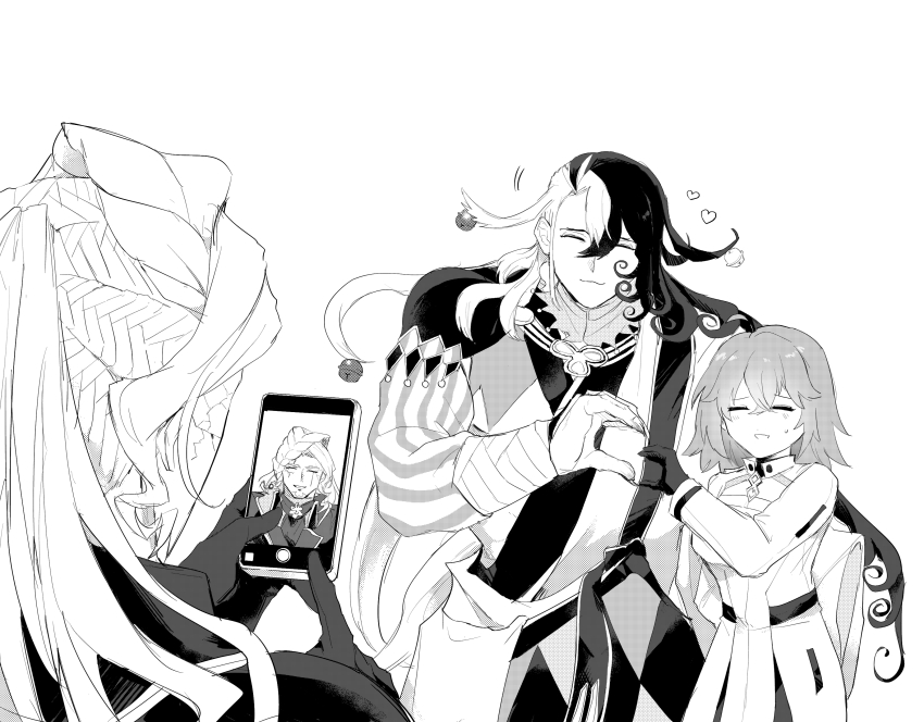 1girl 2boys absurdres ahoge alessandro_di_cagliostro_(fate) ashiya_douman_(fate) bell cellphone closed_eyes commentary_request cracked_skin curly_hair fate/grand_order fate_(series) fingernails fujimaru_ritsuka_(female) fujimaru_ritsuka_(female)_(decisive_battle_chaldea_uniform) gloves greyscale hair_bell hair_flaps hair_ornament heart heart_hands heart_hands_duo highres holding holding_phone k_ruc long_fingernails meme monochrome motion_lines multiple_boys phone selfie selfie_prank_(meme) sharp_fingernails small_sweatdrop smartphone smile