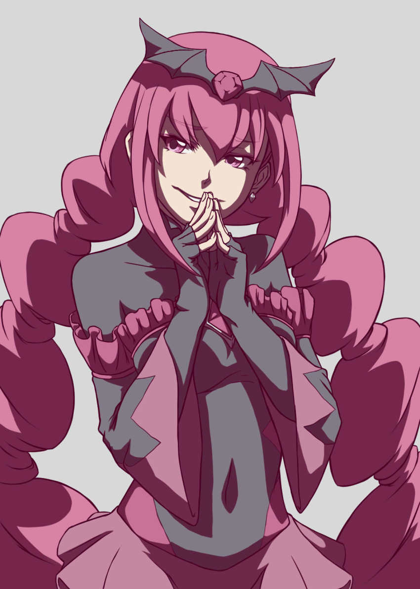 bad_end_happy bad_end_precure black_bodysuit black_headwear bodysuit breasts covering_own_mouth dark_persona frilled_sleeves frills highres light_smile long_hair makeup own_hands_together pink_eyes pink_hair pink_skirt precure skirt small_breasts smile_precure! twintails very_long_hair zephyranthes54