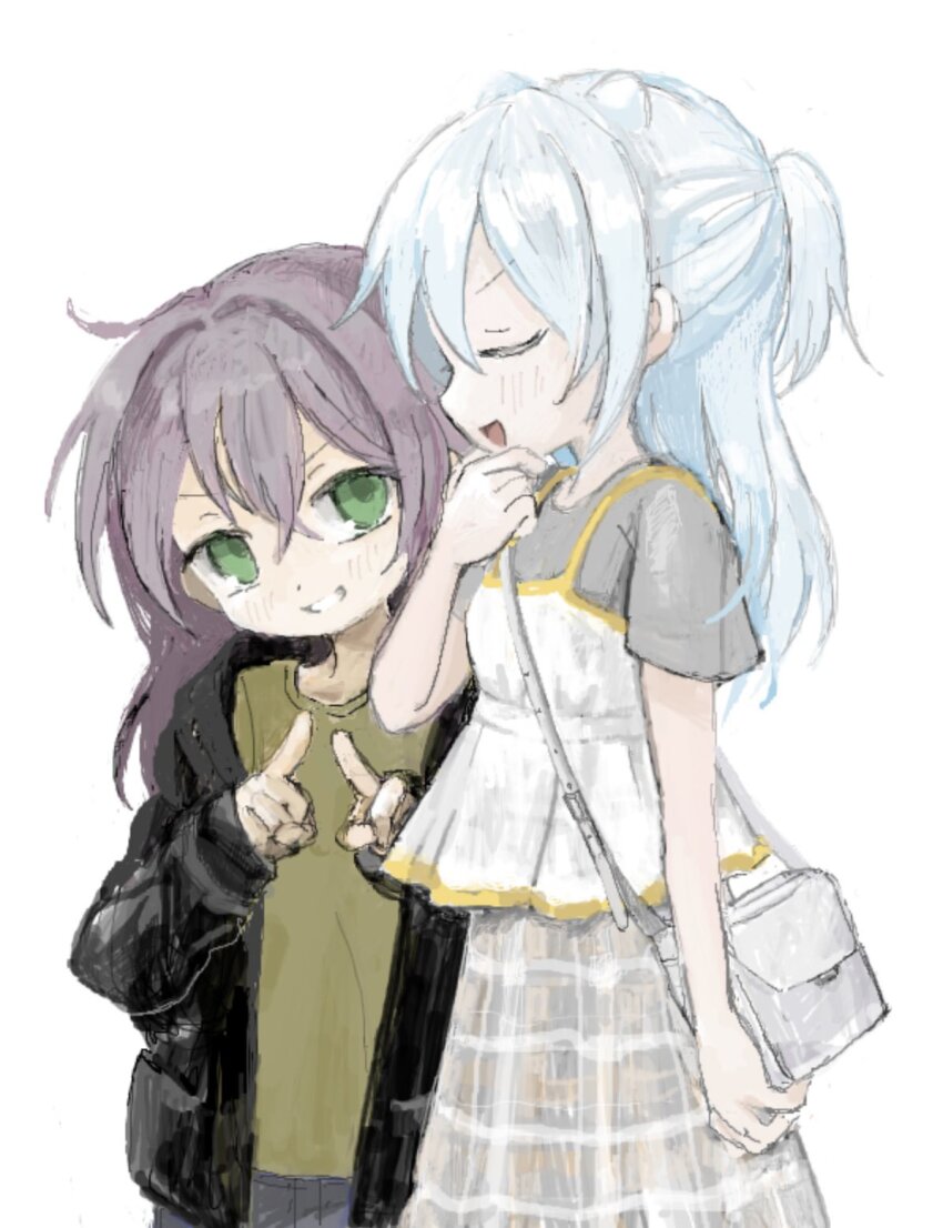 2girls bag black_jacket blush camisole closed_eyes green_eyes green_shirt grey_shirt grey_skirt grin hair_down hair_horns hair_intakes half_updo hand_on_own_chin height_difference highres hitonatz index_fingers_raised jacket layered_clothes long_hair long_skirt long_sleeves looking_at_another multiple_girls null-meta open_clothes open_jacket plaid_clothes plaid_skirt ponytail purple_hair shinohara_kogome shirt short_ponytail short_sleeves shoulder_bag simple_background sketch skirt smile stroking_own_chin takada_shiyuki v-shaped_eyebrows white_background white_camisole white_hair