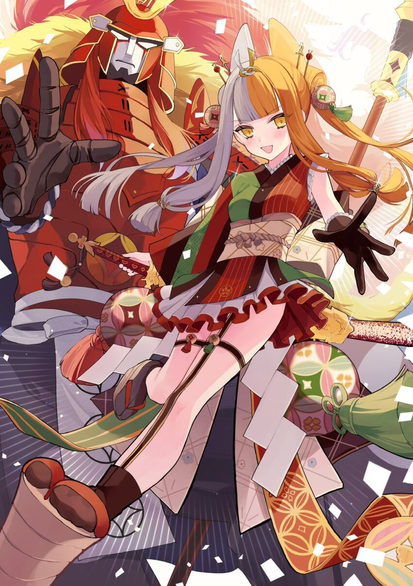 1388chan 1girl armor blunt_bangs blush breasts brown_hair fate/grand_order fate_(series) full_body green_kimono hair_ornament hair_ribbon helmet highres izumo_no_okuni_(fate) izumo_no_okuni_(third_ascension)_(fate) japanese_armor japanese_clothes kabuto_(helmet) katana kimono long_hair long_sleeves looking_at_viewer medium_breasts multicolored_hair multicolored_kimono naginata open_mouth outstretched_arm pleated_skirt polearm red_kimono revision ribbon rope_belt sash short_kimono sidelocks skirt smile split-color_hair sword tassel thighhighs two-tone_hair weapon white_hair wide_sleeves yellow_eyes zanzaburou_(fate)