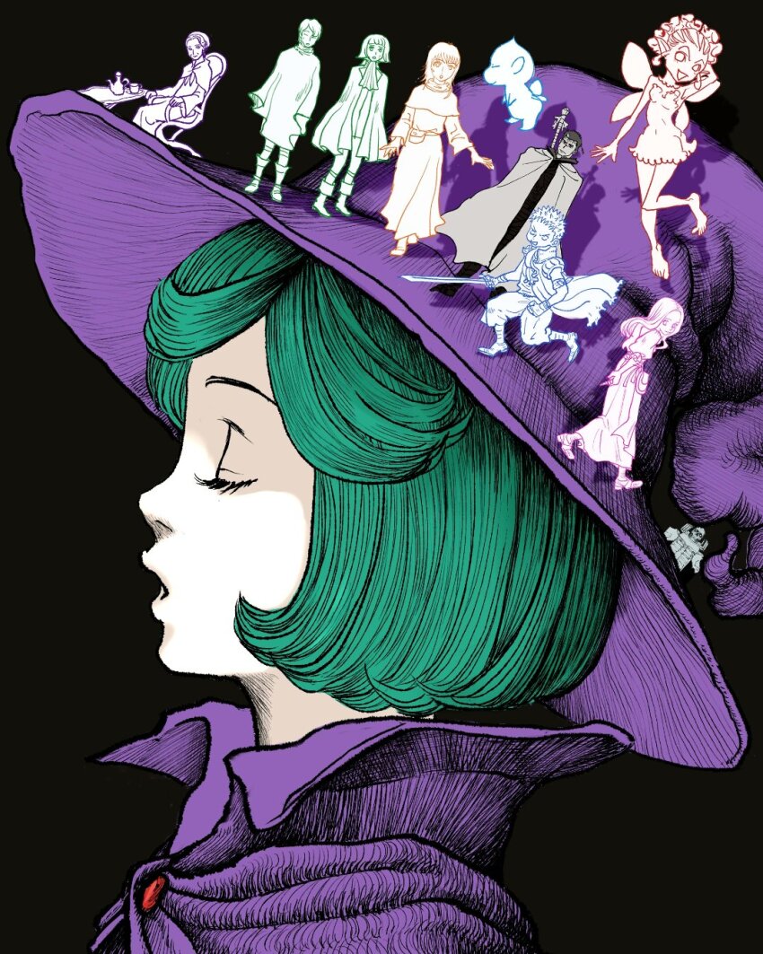 ascot berserk capelet casca_(berserk) chair character_request cloak closed_eyes commentary cup eyelashes fairy_wings farnese_(berserk) green_hair guts_(berserk) hashtag-only_commentary hat hatching_(texture) highres holding holding_sword holding_weapon isidro_(berserk) ivalera medium_hair nisino2222 pouch robe schierke_(berserk) serpico_(berserk) sitting skull_knight_(berserk) sword teacup teapot weapon wings witch_hat