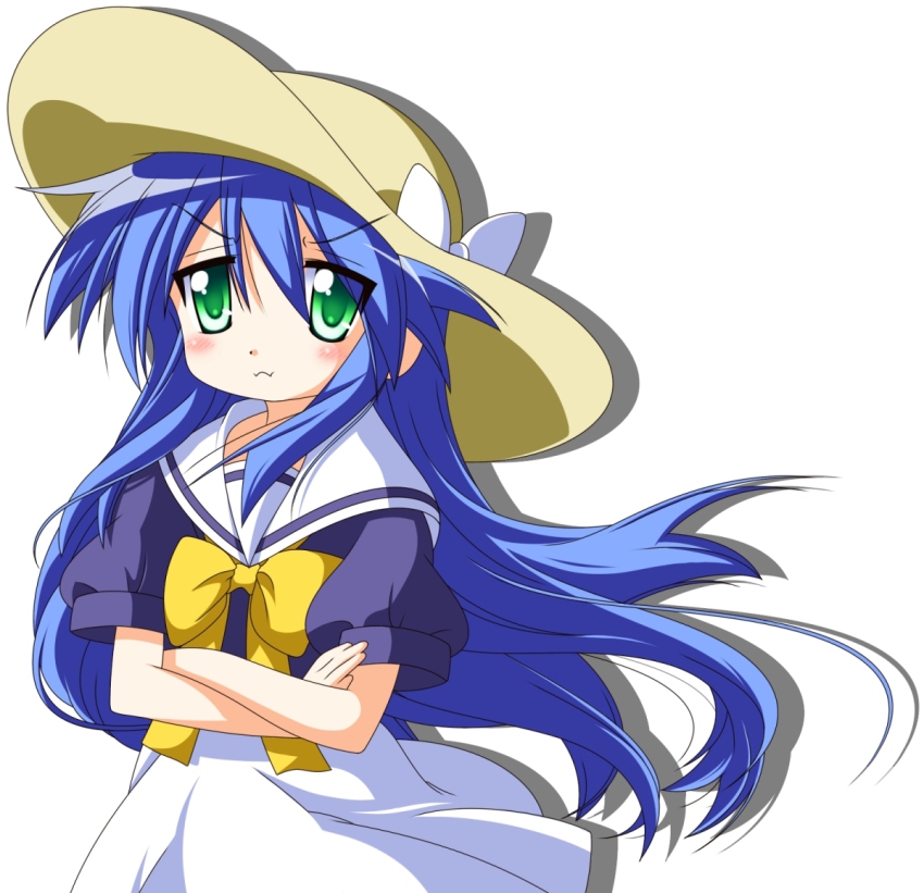 00s 1girl blue_hair crossed_arms dress female_focus green_eyes hat izumi_kanata long_hair lucky_star pout rindou_(awoshakushi) sailor_dress solo white_background