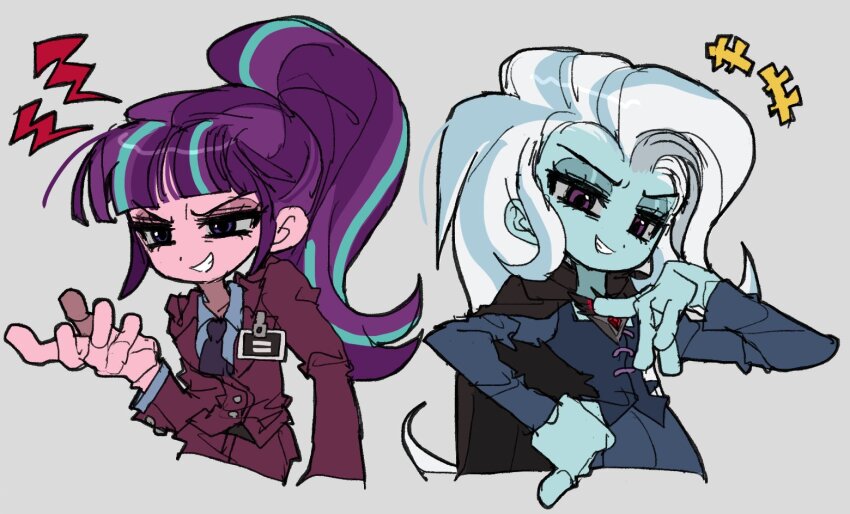+++ 2girls aqua_hair arm_at_side back-to-back black_cape blue_dress blue_hair blue_skin blue_vest blunt_bangs cape collared_shirt colored_skin cropped_torso dress grey_background grin hand_on_own_chest hand_on_own_hip high_ponytail jacket jwnn layered_sleeves lightning_bolt_symbol long_hair long_sleeves looking_at_viewer multicolored_hair multiple_girls my_little_pony my_little_pony:_equestria_girls my_little_pony:_friendship_is_magic necktie pink_skin ponytail purple_eyes purple_hair purple_necktie red_jacket school_uniform shirt simple_background smile starlight_glimmer starlight_glimmer_(equestria_girls) streaked_hair trixie_lulamoon trixie_lulamoon_(equestria_girls) two-tone_hair v-shaped_eyebrows vest white_hair white_shirt