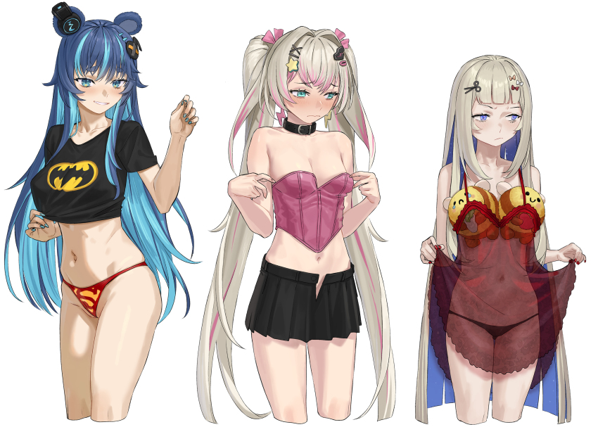 3girls agemmata amanogawa_shiina animal_ears bare_shoulders batman_symbol bear_ears bear_girl bee black_panties blonde_hair blue_eyes blue_hair blue_nails blush bow bra breast_conscious breast_padding breasts bug cleavage colored_inner_hair commentary earrings english_commentary fujikura_uruka hair_bow hair_ornament hairclip highres insect jewelry large_breasts lightning_bolt_earrings lightning_bolt_symbol lingerie long_hair looking_at_viewer medium_breasts multicolored_hair multiple_girls nail_polish navel negligee panties partially_visible_vulva phase_connect pink_hair purple_eyes red_nails red_negligee red_panties rinkou_ashelia scissors_hair_ornament see-through_clothes shirt simple_background skirt skirt_hold smile starry_hair streaked_hair stuffed_bee stuffed_toy superman_logo thighs thong twintails two-tone_hair unbuttoned underwear very_long_hair virtual_youtuber white_bow