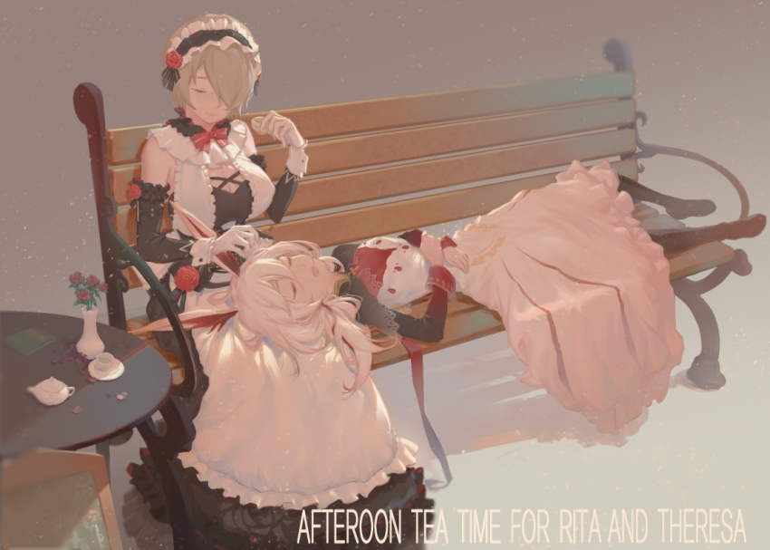 2girls animal_ears apron bad_id bad_pixiv_id bench benghuai_xueyuan black_dress black_sleeves boots breasts character_name cleavage cleavage_cutout closed_eyes closed_mouth clothing_cutout cup dress english_text flower fox_ears frilled_apron frills full_body gloves hair_over_one_eye honkai_(series) lap_pillow large_breasts long_hair maid maid_apron meichu multiple_girls on_bench open_mouth pink_flower pink_hair pink_rose rita_rossweisse rose short_hair sitting sleeping smile table teacup teapot theresa_apocalypse theresa_apocalypse_(sakuno_rondo) thigh_boots vase white_apron white_dress white_gloves wrist_cuffs
