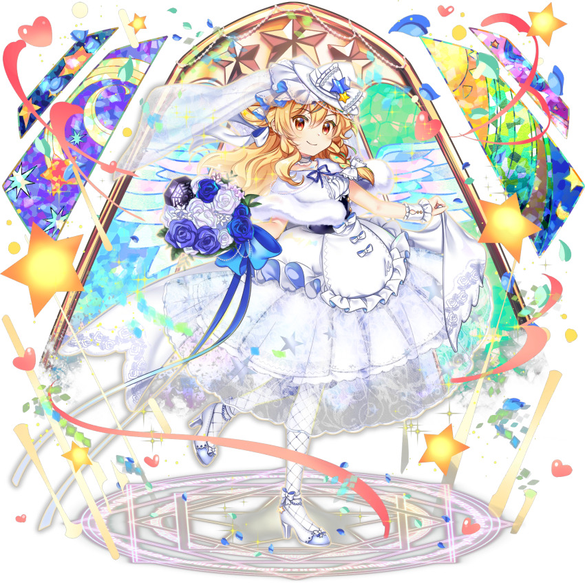 1girl alternate_costume alternate_headwear_color blonde_hair blue_flower blue_rose bouquet bow braid bridal_veil closed_mouth dress flower full_body game_cg hat hat_bow hat_ornament heart high_heels highres holding holding_bouquet kirisame_marisa kirisame_marisa_(pinnacle_of_white_magic) leg_up long_hair looking_at_viewer magic_circle mini-hakkero mini_hat mini_witch_hat official_art pantyhose rose rotte_(1109) shoes side_braid single_braid skirt_hold smile solo standing standing_on_magic_circle star_(symbol) star_hat_ornament third-party_source touhou touhou_lostword transparent_background veil wedding_dress white_bow white_dress white_flower white_hat white_pantyhose white_rose white_shoes witch_hat wrist_cuffs yellow_eyes