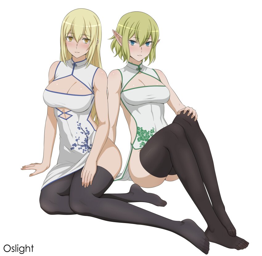 2girls absurdres aiz_wallenstein black_thighhighs blonde_hair blue_eyes blush breasts chinese_clothes dungeon_ni_deai_wo_motomeru_no_wa_machigatteiru_darou_ka elf feet green_hair highres long_hair multiple_girls oslight pointy_ears ryu_lion short_hair smile thighhighs yellow_eyes