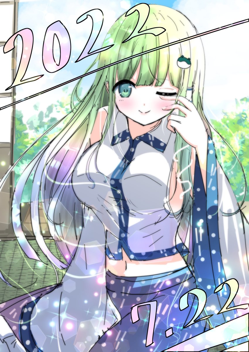 1girl 2022 absurdres bare_shoulders black_skirt blue_eyes breasts closed_mouth collared_vest commentary_request detached_sleeves frog_hair_ornament green_hair hair_ornament highres kochiya_sanae large_breasts long_hair long_sleeves midriff navel one_eye_closed skirt smile tomo_(uguisu-tei) touhou very_long_hair vest white_sleeves white_vest wide_sleeves
