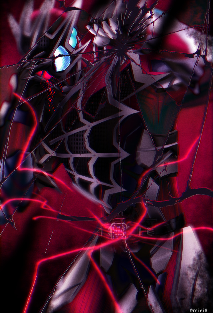 1boy absurdres armor asymmetrical_armor blue_eyes blue_gloves bodysuit broken_mirror dark_foreground demons_driver electricity extra_eyes fighting_stance gloves glowing hand_on_own_chest highres kamen_rider kamen_rider_demons kamen_rider_revice male_focus mirror outstretched_arms pain red_bodysuit reiei_8 rider_belt silk sparks spider_web spider_web_print spread_arms stamp_mark tendril tentacles tokusatsu vistamp