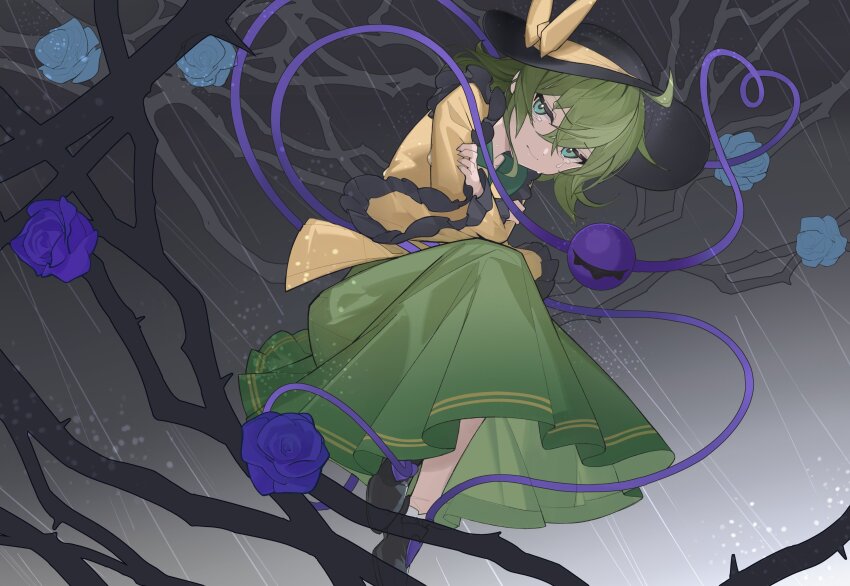 1girl absurdres black_hat blouse bow buttons devilkillerx diamond_button eyeball flower frilled_shirt_collar frilled_sleeves frills green_hair green_skirt hat hat_bow hat_ribbon heart heart_of_string highres komeiji_koishi ribbon shirt skirt solo third_eye touhou touhou_lost_branch_of_legend tree wide_sleeves yellow_bow yellow_ribbon yellow_shirt