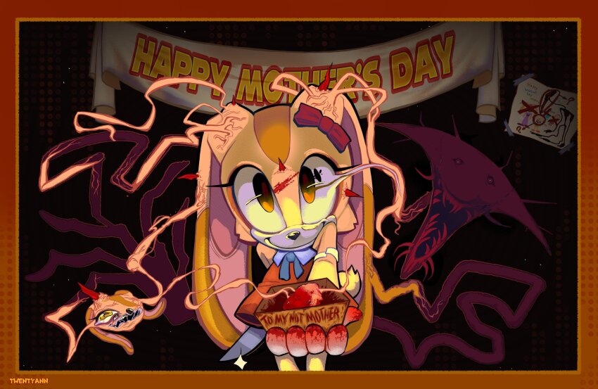 1other 2girls absorbing bare_shoulders blood blood_on_hands body_horror box brown_eyes collared_dress colored_skin corruption crazy_smile cream_the_rabbit dark_persona drawing_(object) dress eldritch_abomination empty_eyes flesh gift gift_box gloves heart highres holding holding_knife horror_(theme) knife long_fingers looking_at_viewer monster mother&#039;s_day multiple_girls orange_dress possessed purple_skin red_dress sega sharp_teeth sleeveless sleeveless_dress smile sonic_(series) spikes teeth twentyann vanilla_the_rabbit veins white_gloves yellow_eyes