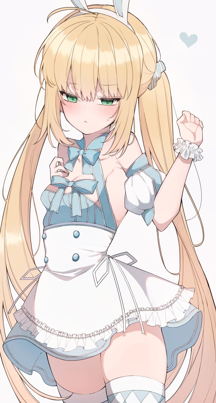 1girl absurdres ahoge animal_ears argyle_clothes argyle_thighhighs artoria_caster_(fate) artoria_caster_(swimsuit_berserker)_(fate) artoria_caster_(swimsuit_berserker)_(second_ascension)_(fate) artoria_pendragon_(fate) bare_shoulders blonde_hair blue_dress blue_thighhighs blush breasts dress fake_animal_ears fate/grand_order fate_(series) green_eyes hairband highres long_hair looking_at_viewer mati5572 puffy_short_sleeves puffy_sleeves rabbit_ears short_sleeves skirt small_breasts solo striped_clothes striped_thighhighs thighhighs thighs twintails white_skirt