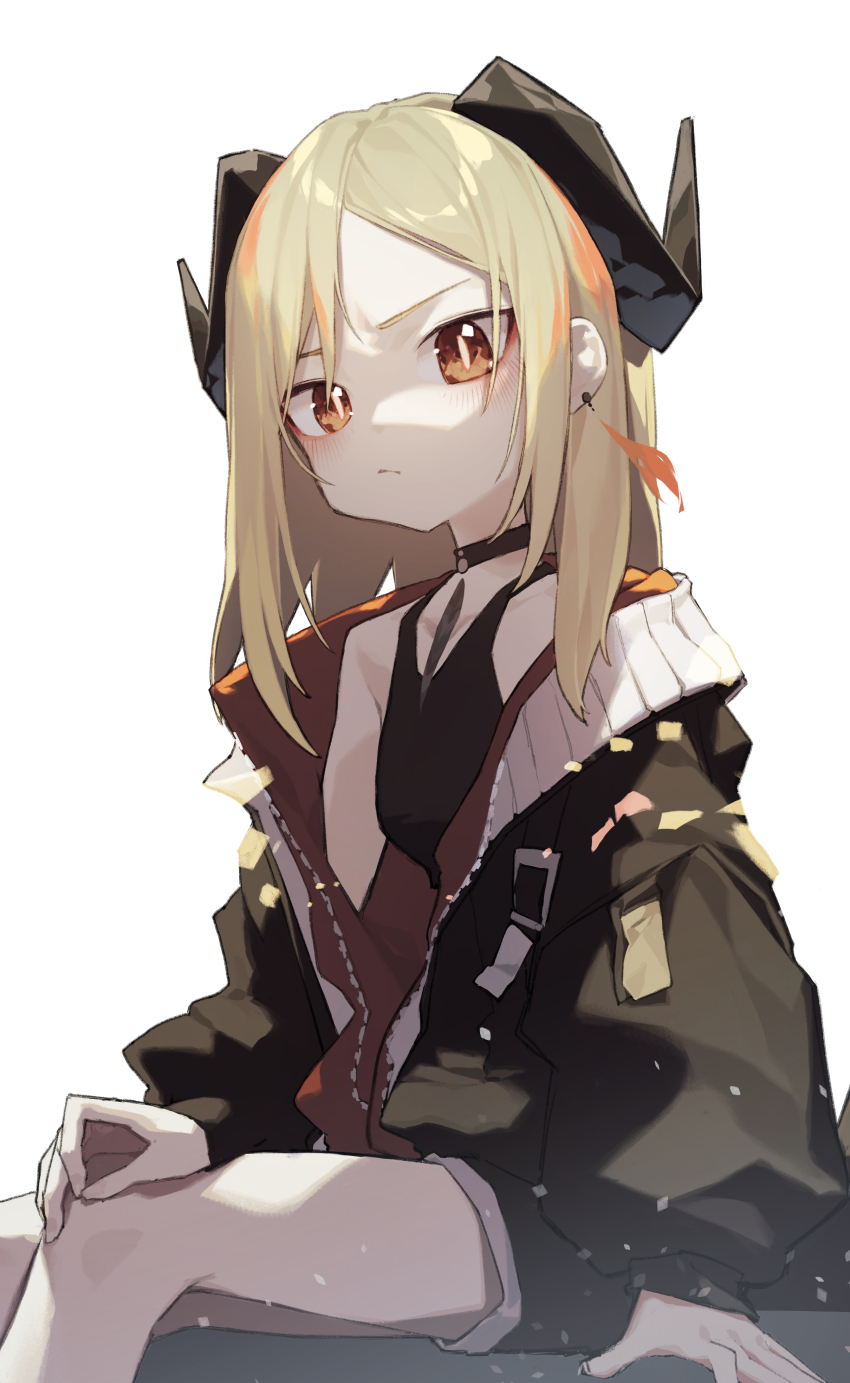 1girl absurdres alternate_costume alternate_hairstyle arknights bare_shoulders beudelb black_choker black_jacket black_shorts blonde_hair choker closed_mouth demon_horns feet_out_of_frame highres horns ifrit_(arknights) jacket long_hair long_sleeves looking_at_viewer off_shoulder open_clothes open_jacket orange_eyes shirt shorts simple_background sitting solo tank_top white_background