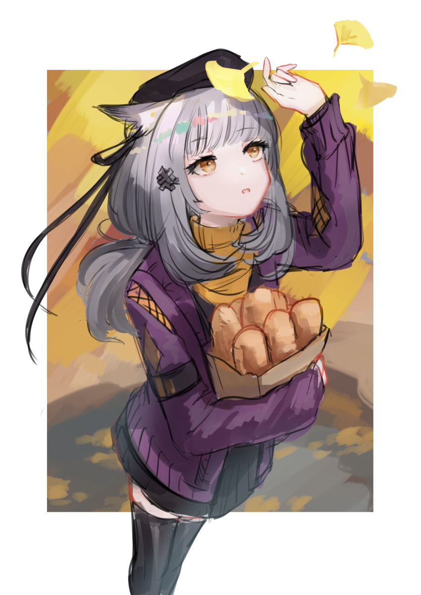 1girl animal_ears arknights arm_up bag beret black_hat black_skirt black_thighhighs brown_eyes ginkgo_leaf grey_hair grocery_bag hat hemorina highres hugging_object jacket leaf long_hair long_sleeves looking_away open_clothes open_jacket orange_sweater paper_bag parted_lips pleated_skirt ptilopsis_(arknights) ptilopsis_(serenity)_(arknights) purple_jacket shopping_bag skirt solo sweater thighhighs turtleneck turtleneck_sweater