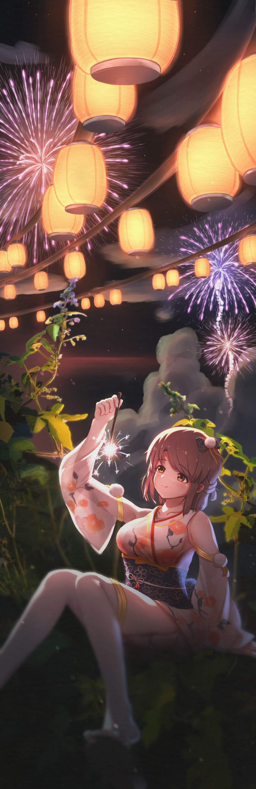 1girl absurdres arm_up blush bow breasts brown_eyes brown_hair classroom closed_mouth commentary detached_sleeves fireworks floral_print floral_print_kimono foot_out_of_frame gae_bokchi hagiwara_yukiho hair_bow half_updo highres holding holding_fireworks idolmaster idolmaster_(classic) idolmaster_starlit_season japanese_clothes kimono lantern looking_at_object night obi official_alternate_costume outdoors paper_lantern plant print_kimono sash see-through_clothes see-through_sleeves senkou_hanabi short_hair sitting smile solo sparkler thighhighs white_kimono white_thighhighs