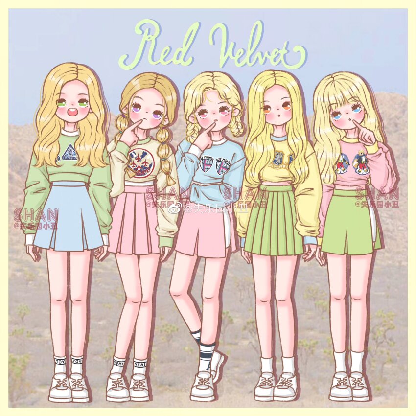 5girls blonde_hair blue_eyes blue_shirt blue_skirt blunt_bangs border commentary crop_top full_body green_eyes green_shirt green_skirt group_name highres irene_(red_velvet) joy_(red_velvet) k-pop long_hair long_sleeves looking_at_viewer multiple_girls orange_eyes pink_eyes pink_shirt pink_skirt purple_eyes real_life red_velvet_(group) seulgi_(red_velvet) shirt skirt smile socks symbol-only_commentary twintails wendy_(red_velvet) wshanshanz yellow_border yellow_shirt yeri_(red_velvet)