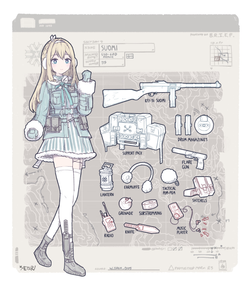 1girl aeorichan blonde_hair blue_eyes blush boots can canned_food character_name commentary digital_media_player drum_magazine earbuds earmuffs earphones english_commentary english_text equipment_layout explosive flare_gun full_body girls&#039;_frontline girls&#039;_frontline_2:_exilium grenade gun hair_ornament hairband highres knife lantern magazine_(weapon) military_uniform music_player pom_pom_(clothes) pouch radio smile solo submachine_gun suomi_(girls&#039;_frontline) suomi_(girls&#039;_frontline_2) suomi_kp/-31 surstromming thighhighs weapon winter_uniform