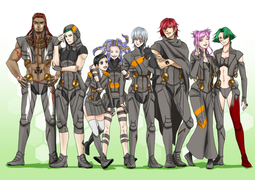 3girls 5boys argilla black_eyes black_hair breasts cat cielo_(dds) cleavage closed_eyes digital_devil_saga facial_mark gale_(dds) green_eyes green_hair grey_eyes grey_hair heat_(dds) jinana lupa multiple_boys multiple_girls pink_eyes pink_hair purple_hair red_eyes red_hair schrodinger_(dds) sera serph shin_megami_tensei smile tattoo