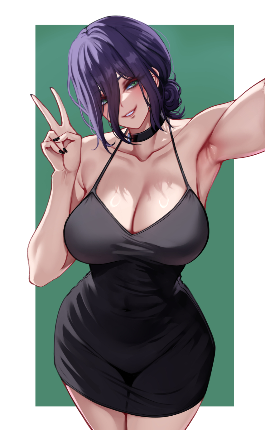 1girl absurdres armpits black_choker black_dress black_nails breasts chainsaw_man choker cleavage dress green_eyes hair_between_eyes hair_bun highres huge_breasts karma3009 looking_at_viewer reze_(chainsaw_man) selfie short_dress solo
