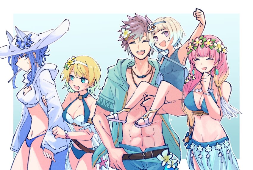 1boy 4girls :d abs alonemistrist bare_shoulders bikini blonde_hair blue_eyes blue_hair blue_jacket blue_shorts breasts brown_hair carrying cleavage closed_eyes fire_emblem fire_emblem_heroes fjorm_(fire_emblem) fjorm_(summer)_(fire_emblem) flower gunnthra_(fire_emblem) gunnthra_(summer)_(fire_emblem) hair_flower hair_ornament hat hat_flower hrid_(fire_emblem) hrid_(summer)_(fire_emblem) jacket jewelry long_hair long_sleeves multiple_girls navel necklace nifl_(fire_emblem) nifl_(summer)_(fire_emblem) nintendo official_alternate_costume one-piece_swimsuit open_clothes open_jacket open_mouth pink_hair purple_eyes sarong short_hair shorts siblings smile spoon sweatdrop swimsuit utensil_in_mouth white_hat white_jacket ylgr_(fire_emblem) ylgr_(summer)_(fire_emblem)