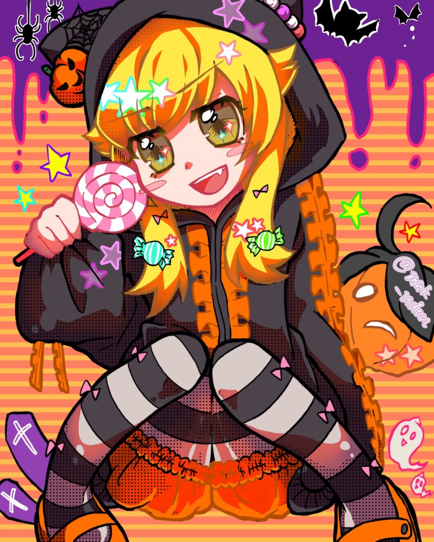 1girl animal_hood araragi_koyomi arm_at_side beads ben-day_dots black_jacket black_pantyhose blonde_hair bloomers blush_stickers bow bug candy candy_hair_ornament cat_hood dot_nose fang food food-themed_hair_ornament frilled_jacket frills full_body ghost hair_between_eyes hair_bow hair_flaps hair_ornament halloween halloween_costume hand_up happy head_tilt highres holding holding_candy holding_food holding_lollipop hood hood_up hooded_jacket horizontal-striped_background jack-o&#039;-lantern jacket jitome knees_together_feet_apart lollipop long_hair long_sleeves mary_janes mnk_udon monogatari_(series) noodles open_mouth orange_background orange_bloomers orange_shoes oshino_shinobu pantyhose pink_bow puffy_long_sleeves puffy_sleeves pumpkin_hair_ornament screentones shadow shoes solo sparkling_eyes spider spider_web_hair_ornament splatter squatting star_(symbol) star_symbol_background starry_hair straight-on striped_clothes striped_pantyhose swept_bangs swirl_lollipop tombstone twitter_username two-tone_background underwear vertical-striped_clothes vertical-striped_pantyhose white_pantyhose wrapped_candy yellow_background yellow_eyes