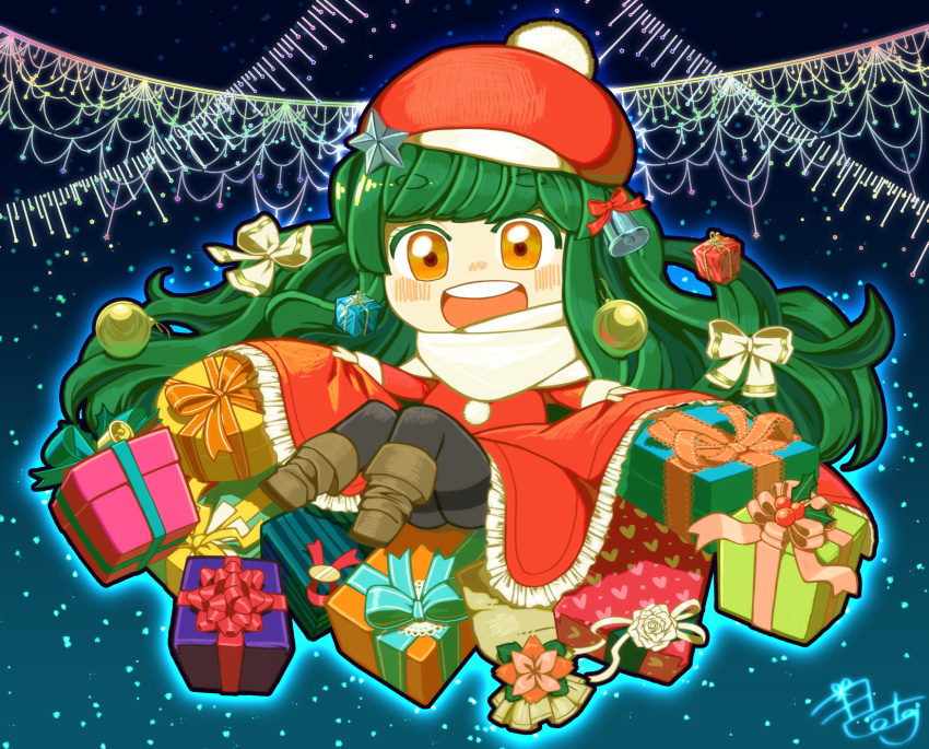 1girl :d bell black_pantyhose box christmas christmas_ornaments christmas_present coat curly_hair gift gift_box green_hair hat highres long_hair night night_sky open_mouth orange_eyes original pantyhose pose_request potg_(piotegu) red_coat red_hat ribbon santa_costume scarf sky smile solo star_(sky) star_(symbol) starry_sky tam_o&#039;_shanter very_long_hair white_ribbon winter_clothes winter_coat