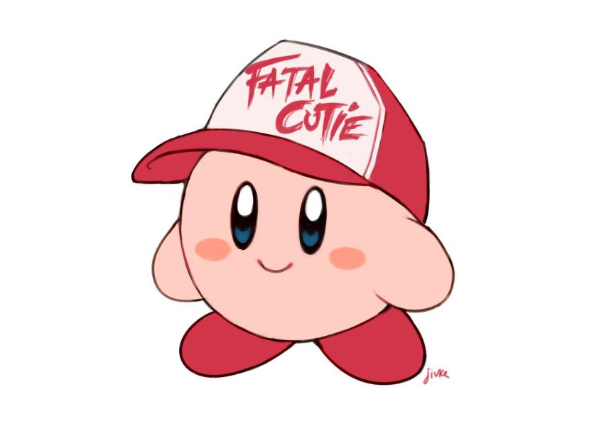 bad_tag baseball_cap blue_eyes blush_stickers closed_mouth copy_ability crossover english_text hat jivke kirby kirby_(series) nintendo no_humans signature simple_background snk_heroines:_tag_team_frenzy solo super_smash_bros. terry_bogard white_background